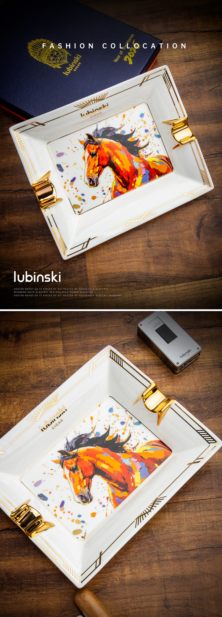 Lubinski 魯賓斯基 駿馬彩繪骨瓷兩槽雪茄菸灰缸 菸灰缸|W Cigar Shop 雪茄配件 商品詳情 1
