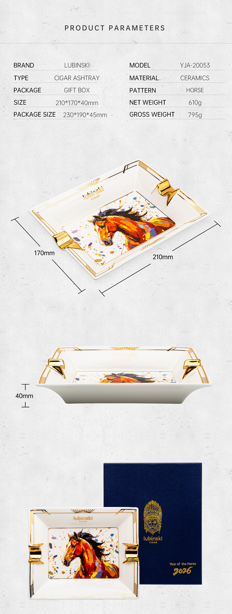 Lubinski 魯賓斯基 駿馬彩繪骨瓷兩槽雪茄菸灰缸 菸灰缸|W Cigar Shop 雪茄配件 商品詳情 4