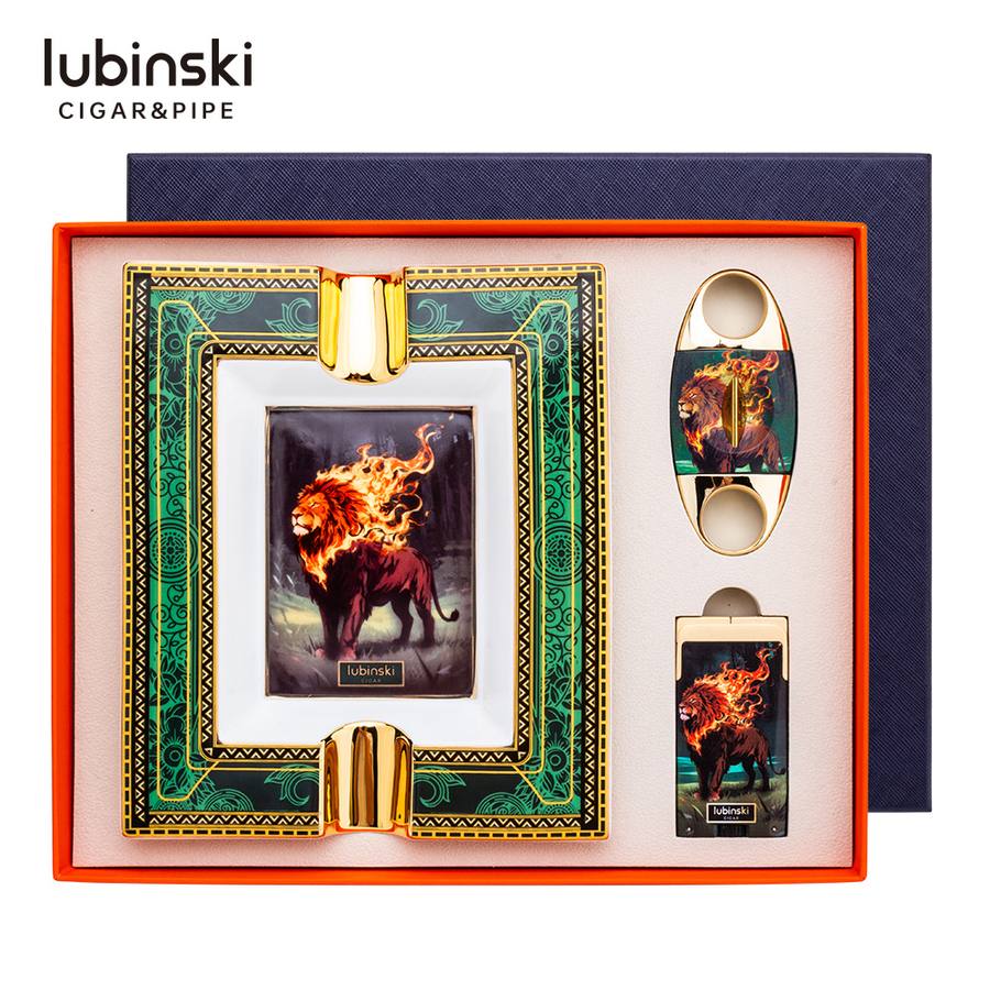 Lubinski 烈焰獅王彩繪菸灰缸雪茄工具禮盒